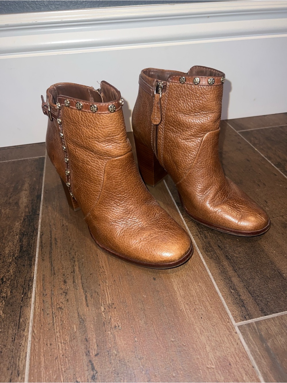 Tory Burch Tan Leather Studded Ankle Boots